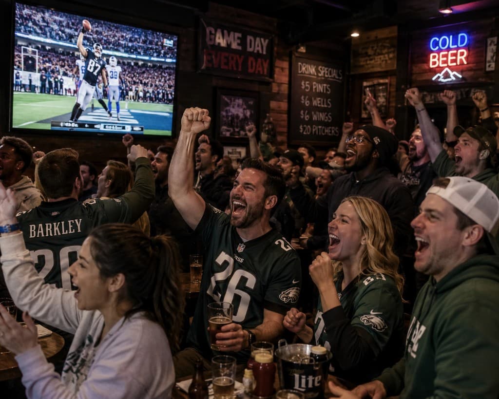 Fans cheering together at a packed sports bar during game day