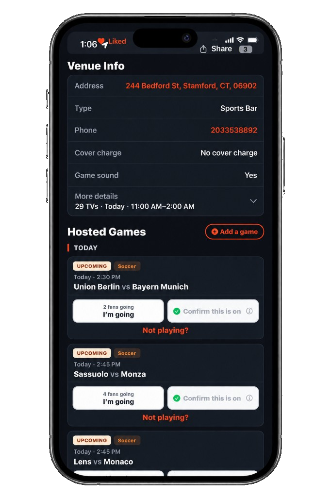 Rali app — venue info and hosted games at a sports bar